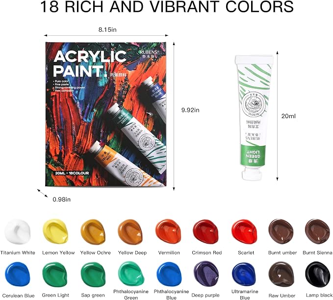 rubens Artist Grade Heavy Body Acrylic Paint, 18 Colors Vivid Acrylic Paint Set (20ml, 0.68 oz Tubes), High Pigment Art Supplies for Canvas, Wood, Rock Crafts, Painting Supplies for Professionals, Beginners