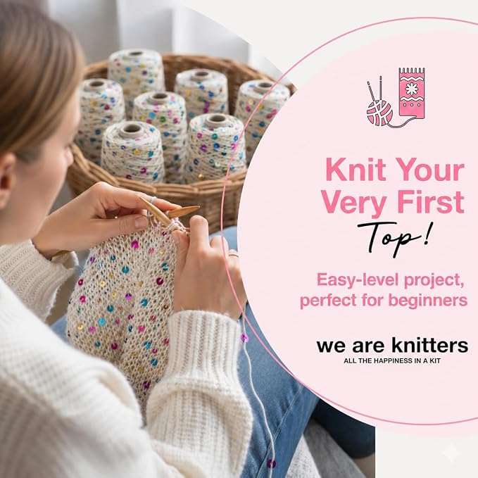 We Are Knitters Briolette Top Knitting Kit | Limited Edition DIY Knitting Kit for Women | Beginner-Friendly Top Kit with 3 Dancing Queen Opalite Cotton Yarn, Pattern & 1 Needles