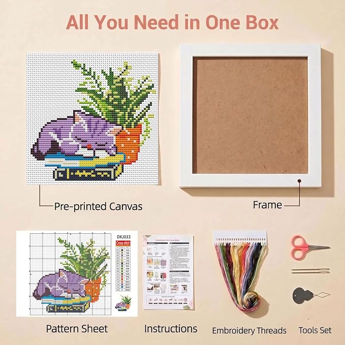 Sleepy Cat Greenery Stamped Cross Stitch Kits for Beginners with Framed | Potted Plant Needlepoint Counted Cross Stitch Kits for Adults with Framed Embroidery Kits Arts and Crafts 6 x 6 inch