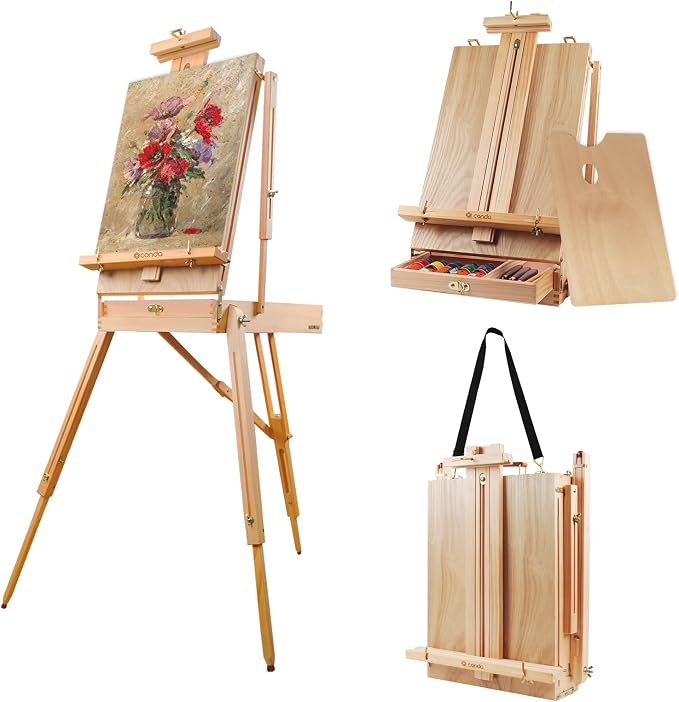 CONDA Large Wooden French Easel and Sketchbox Easel, Adjustable Tripod Easel Stand with Drawer and Palette for Artist, hobbyists, Professionals, Ideal Easel for Painting, Sketching, and Display