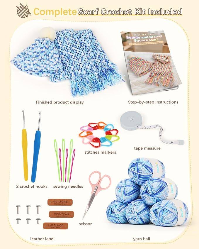 Katech Crochet Kit for Beginners w/Step-by-Step Instruction for Hat, Scarf