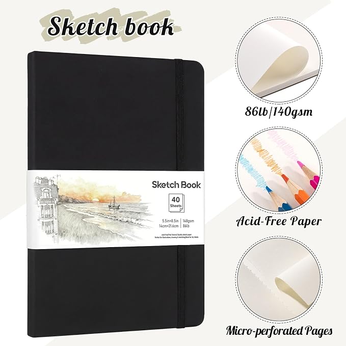 Hardcover Sketch Book 5.5 x 8.5 In, 40 Sheets, 140Gsm Drawing Paper