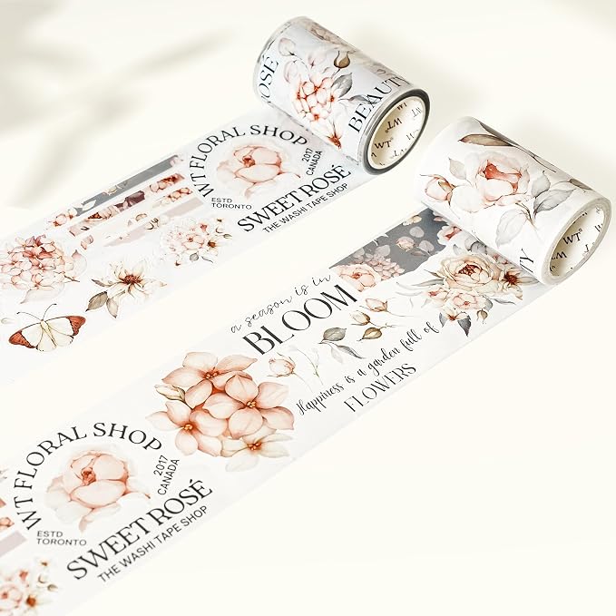 WT Pre-Cut Sweet Rosé Wide Washi Tape, Single Roll, Original Designs, Dreamy Rose Motifs & Subtle Handwritten Accents, Decorative Japanese Paper Tape for Journaling, Scrapbooking, Planner, DIY Crafts