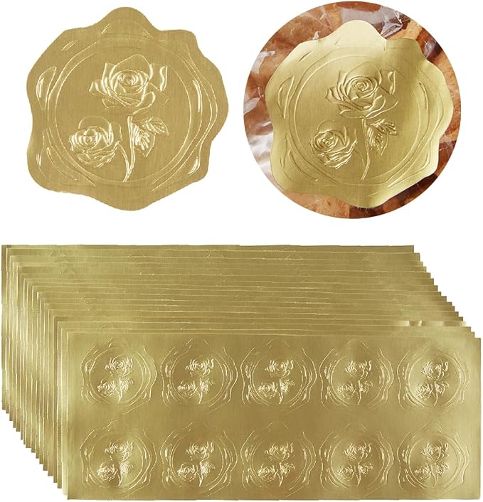 300 Pieces Embossed Gold Foil Stickers, Gold Rose