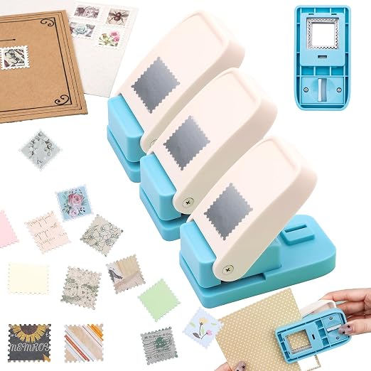 BAOFALI 3Pcs/Set Stamp Puncher 1inch Square Postage Stamp Punch |Stamp Hole Puncher| Scalloped Rectangle Lever Action Paper Punches for Crafting Scrapbooking DIY Card Making Arts Crafts Supplies