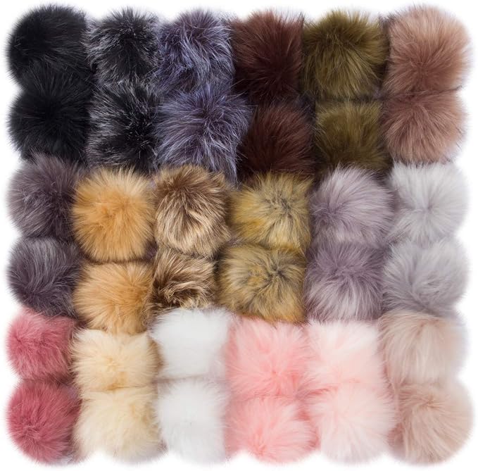 36 Pcs Faux Fur Pom Poms for Hats - 4.5 Inch Soft Pom Pom Fluffy Balls with Elastic Loop for Crafts, Removable Knitting Accessories for Shoes Gloves Bags Scarves Keychain (18 Colors)