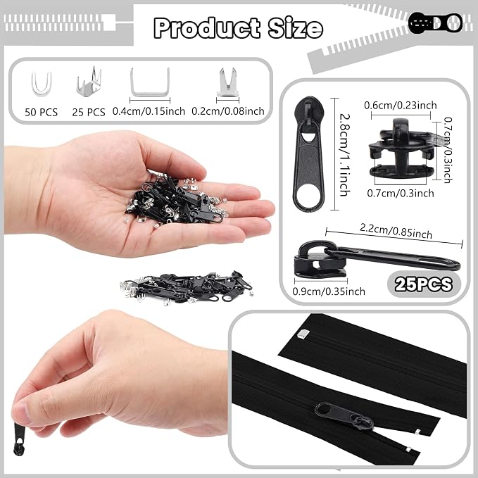 DOITEM 25Pcs Black Zipper Repair Kit Zippers Replacement 3# Zipper Pull Rescue Kit for Clothing Jackets Purses Luggage Backpacks