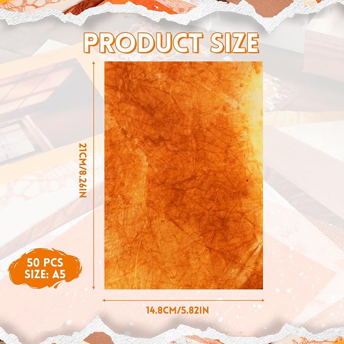 50 Sheets Unique Handmade Textured Scrapbook Paper & Mesh Fabric set - Junk Journal Supplies Craft Paper for Scrapbooking Journaling Supplies for Junk Journal Retro Crafts（Orange）