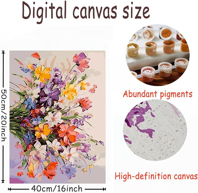OJTOYART Colored Bouquet Paint by Numbers Kit for Adults Beginner,Adult Paintby Number Kits on Canvas, DIY Acrylic Simple Paints by Number Kits for Home Wall Decor 16 X 20 inch