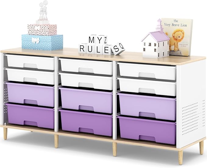 TOOLF 12 Drawers Storage Cabinet with Wooden Top and Plastic Bins,Purple | Toy Shelf Storage Chest Cubby Organizer, for Home, Office, Playroom, Classroom & Craft Room