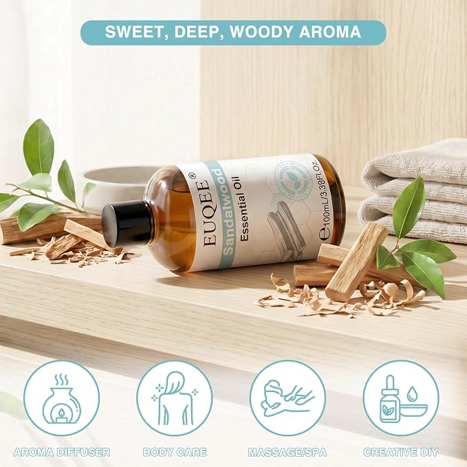 EUQEE 100ml Sandalwood Essential Oil for Yoga 3.38 Fl Oz