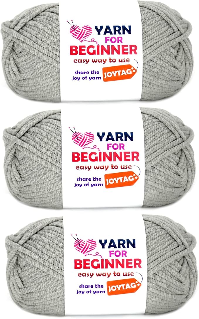 Grey Yarn for Crocheting and Knitting Cotton Crochet Knitting Yarn for Beginners with Easy-to-See Stitches Cotton-Nylon Blend Easy Yarn for Beginners Crochet Kit(3x50g)