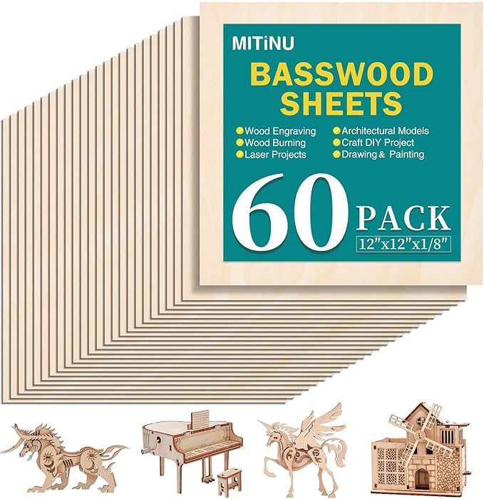 60 Pack Basswood Sheets for Crafts,12"x12"x1/8" 3mm Thick Plywood Sheets with Smooth Surfaces-Unfinished Squares Wood Boards for Laser Cutting, Wood Burning, Architectural Models, Staining