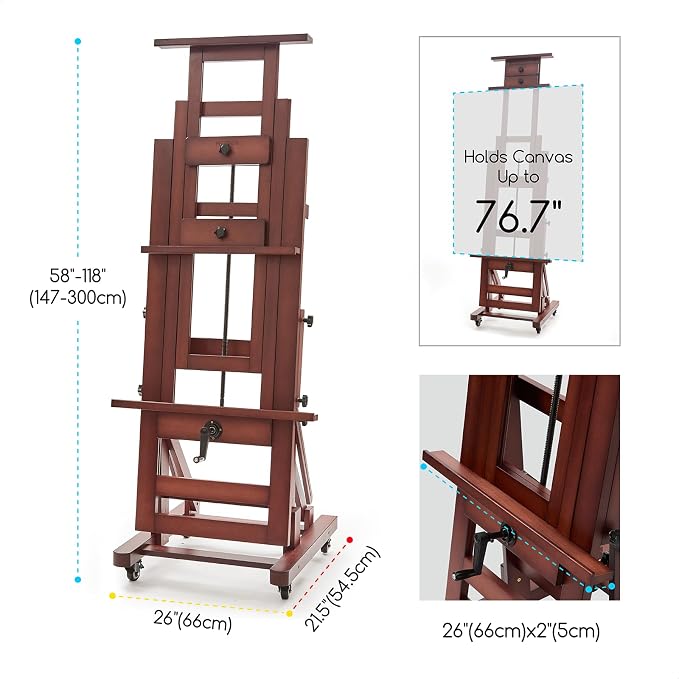 MEEDEN Extra-Large H Frame Easel: Solid Beech Wood Artist Easel for Adults | Professional Heavy Duty Easel with Crank, Movable and Tilting Flat Art Easel Stand for Canvas up to 76.7", Deep Walnut