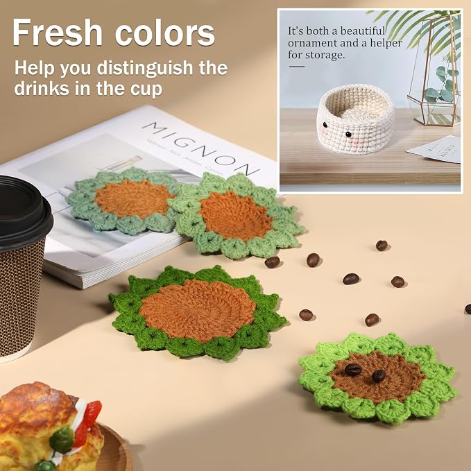 Hssugi Crochet Kit for Beginners 6PCS Crochet Coasters in a Plant Pot | Crochet Start Kit, Complete Beginner Crochet Kit with Hooks, Yarn, Clear Video Tutorials for Adult Beginners