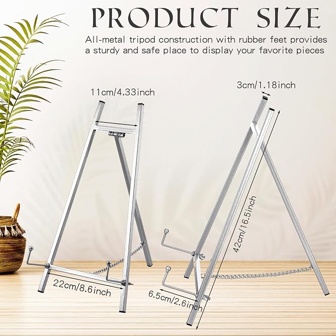 Leinuosen Metal Easel Stand 16.5" H x 8.7" W x 4.3" D Table Top Easel Stand for Display Tripod Art Picture Mirror Modern Plate Holder for Display Book Photo Wedding Sign(Silver)