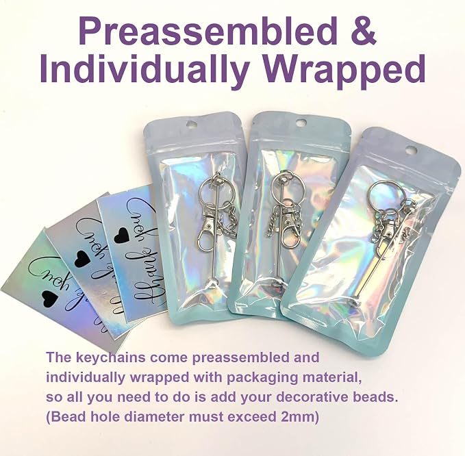 42/84/126 Pcs Beadable Keychain Bars Bulk Blank DIY Beaded Keychain Making Supplies with Bag Thank You Card