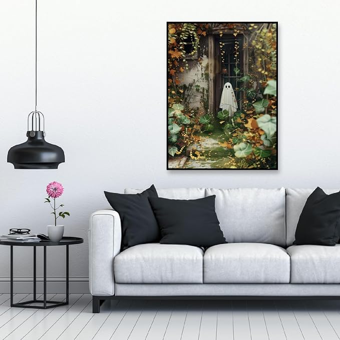 Halloween Paint by Numbers for Adults with Framed Canvas-with Wooden Easel,Ghost Paint by Number on Canvas,DIY Acrylic Oil Painting Kits with Brushes Nice Gift Box for Home Wall Decor(12x16 Inch)
