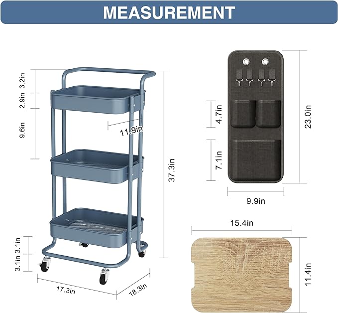 DTK 3-Tier Rolling Cart with Table Top, Metal Utility Cart with Side Bags