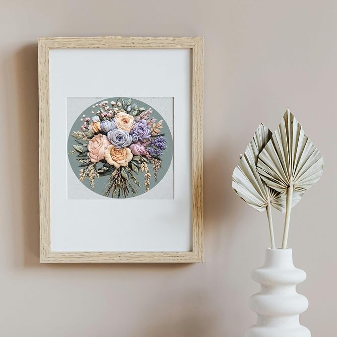 FONNUY Bouquet Flowers Embroidery Kit for Beginners, Pre-Stamped Pattern Kits for Adults with Hoop, Easy to Follow Color Thread Needlework, 8'' Hoop (Joyful Bouquet)