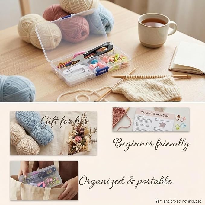 GKINIKG Knitting Tools Set with Storage Case – Knitting & Crochet Accessories for Sewing, Repair and DIY Craft Projects, Includes Scissors, Stitch Markers, Needles & Ruler