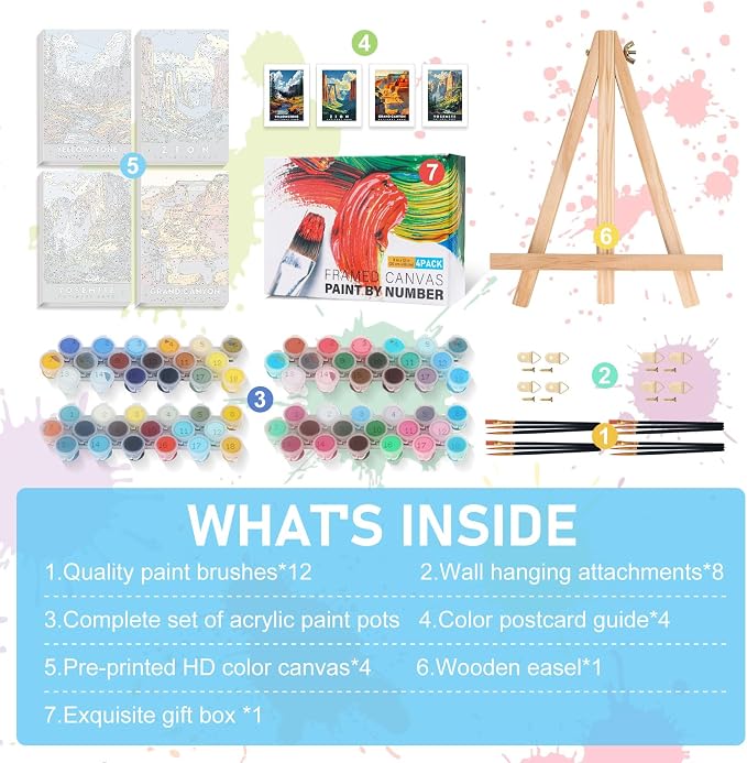 4 Pack Framed Paint by Numbers Kit for Adults with Wooden Easel, 8x12 Inch | National Parks, Easy DIY Acrylic Canvas Craft Kit with Frame for Beginners, Home Decor, Stress Relief Relaxing Hobby Gift
