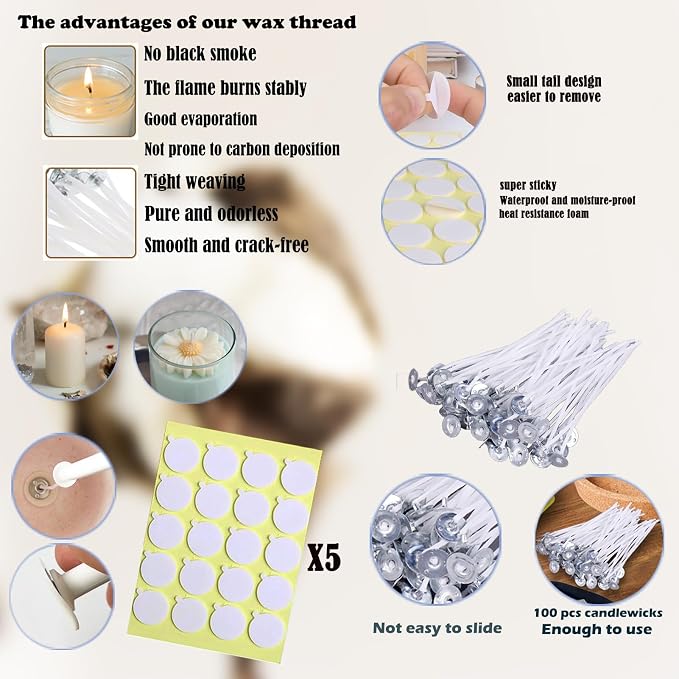 133PCS Candle Making Kits with Candle Wick Trimmer(7IN),Mold Hook Punch Needle Wick for Inserting Wick,Big Hole Long Needle,Cotton Wick with Metal Sustainer Tabs,Wick Stickers with The Little ‘‘Tail’’