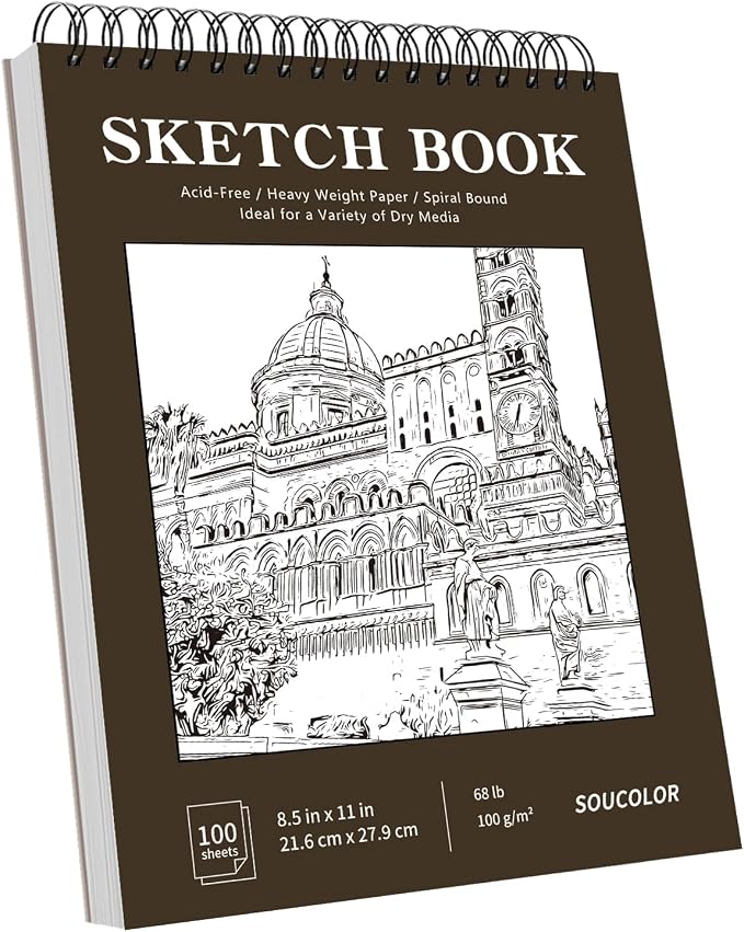 Soucolor Sketchbook 8.5x11,100 Sheets Thick Acid-Free Drawing Paper | 68lb/100gsm Lay Flat Sketch Pad Art Notebook for Adults Artists Teachers Students Classroom