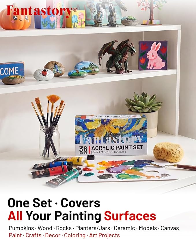 Fantastory 36ml 36 Colors Acrylic Paint Set with 10 Brushes | Excellent Coverage, High Light Fastness, Waterproof, Includes Extra White & Gold, for Canvas, Wood, Ceramics, Models