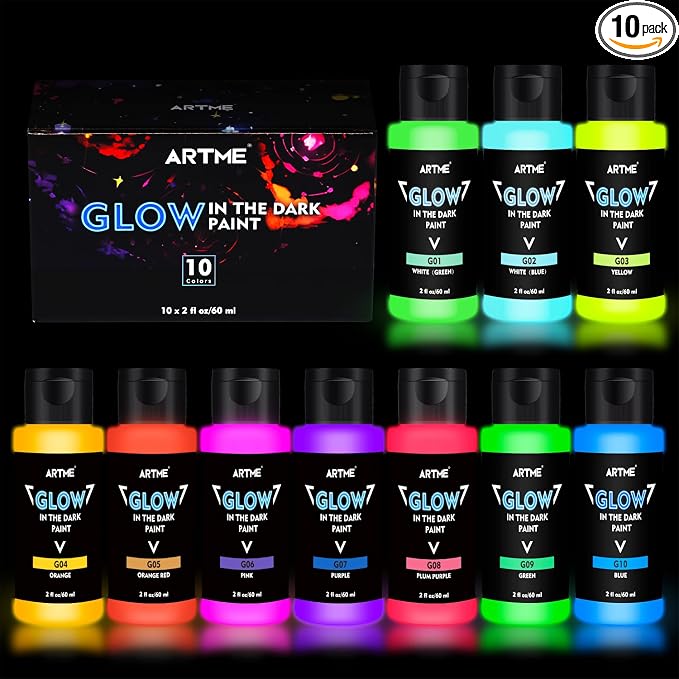 ARTME Glow in The Dark Paint, 10 Bright Colors 60ml/2oz Blacklight Paint Set, Neon Craft Paint, Acrylic Glow Fluorescent Paint Perfect for Art Painting, DIY projects, Halloween and Christmas Decoration