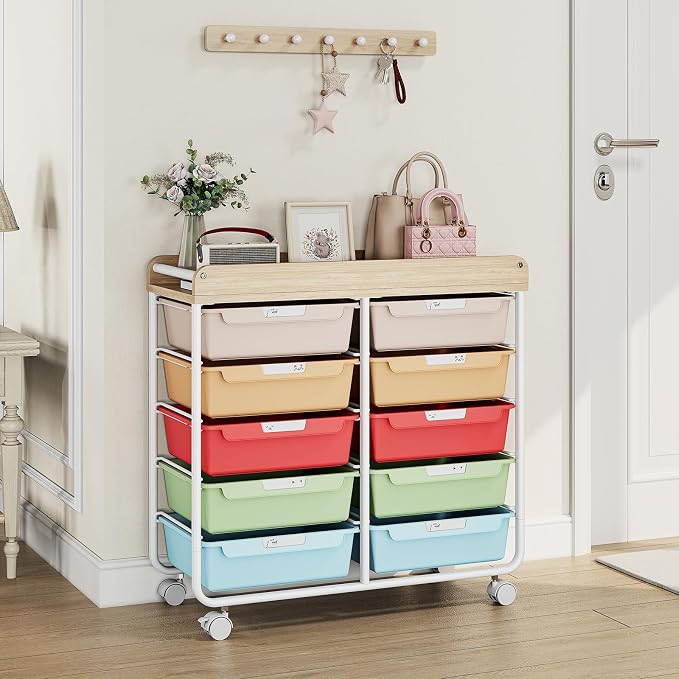 10 Drawer Rolling Storage Cart with Wood Top for Classroom Crafts Colorful | Easy Setup, Large Capacity, Sturdy Build, Lockable Mobility, For office, classroom and home supplies