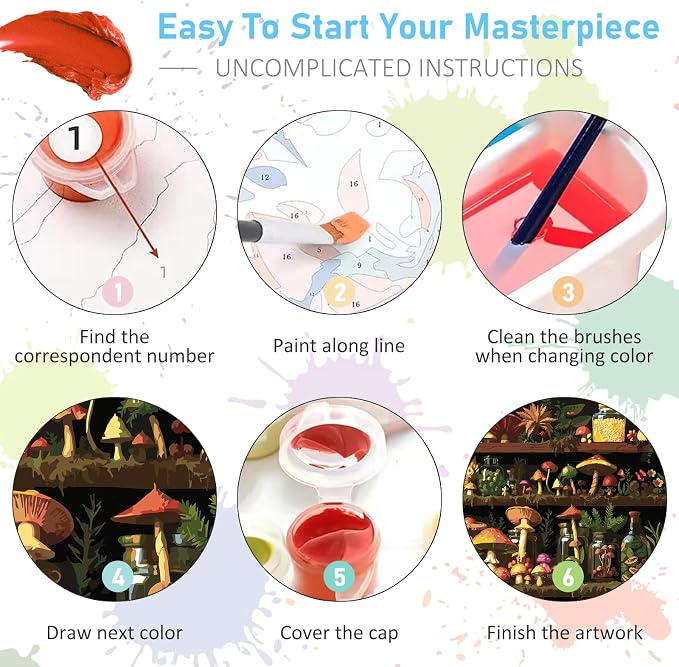 Paint by Numbers Kit for Adults, Mushroom DIY Acrylic Canvas Painting Set | 16x20 Inch, Shelf Number Painting Craft Kit for Adults Beginners, Home Wall Decor, Stress Relief Relaxing Hobby Gift