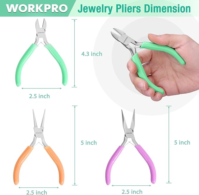 WORKPRO Jewelry Pliers Set, 3-Piece Mini Jewelry Tool Kit | Needle Nose Plier/Chain Nose Plier, Round Nose Pliers & Wire Cutter for Jewelry Making, Beading & Wire Wrapping