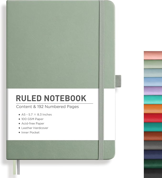 RETTACY Lined Journal Notebook, 192 Numbered Pages, A5 Size (5.7'' x 8.3'') | Leather Hardcover, 100 GSM Thick Paper, for Men & Women, Journaling, Writing, Work & Office (Sage Green)