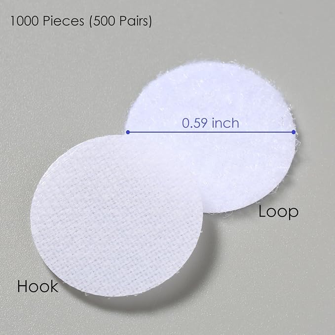 JUMINIZ 1000 Pcs (500 Pairs) 0.59inch Diameter Hook and Loop Fastener Self Adhesive Round Circle Sticky Sticker Dots for Arts and Crafts School Classroom Home and Office Use, White (Pack of 2)