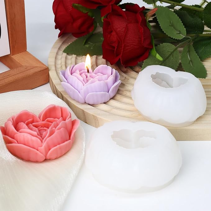 2 Pcs Rose Candle Molds, 3D Heart Rose Flower Silicone Molds, Valentine’s Day Heart Resin Casting Mold for DIY Soap Candle Wax Melt