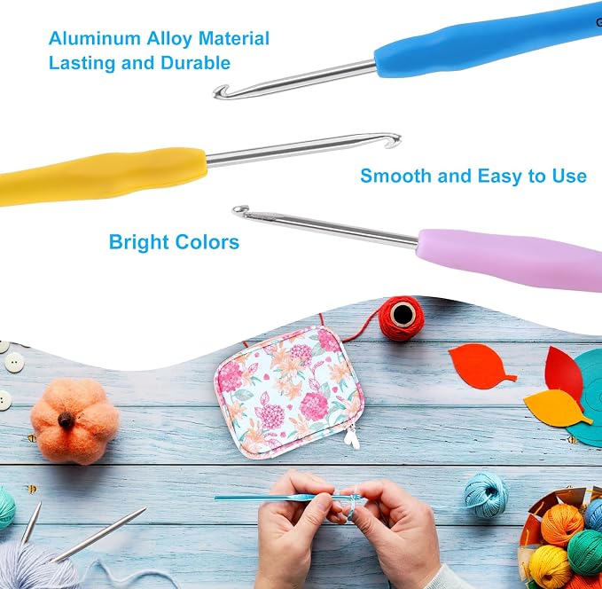 Vodiye 21 Sizes Ergonomic Crochet Hooks Set 0.5–10.0mm with Case, Soft Grip Crochet Needles for Crocheting Comfort
