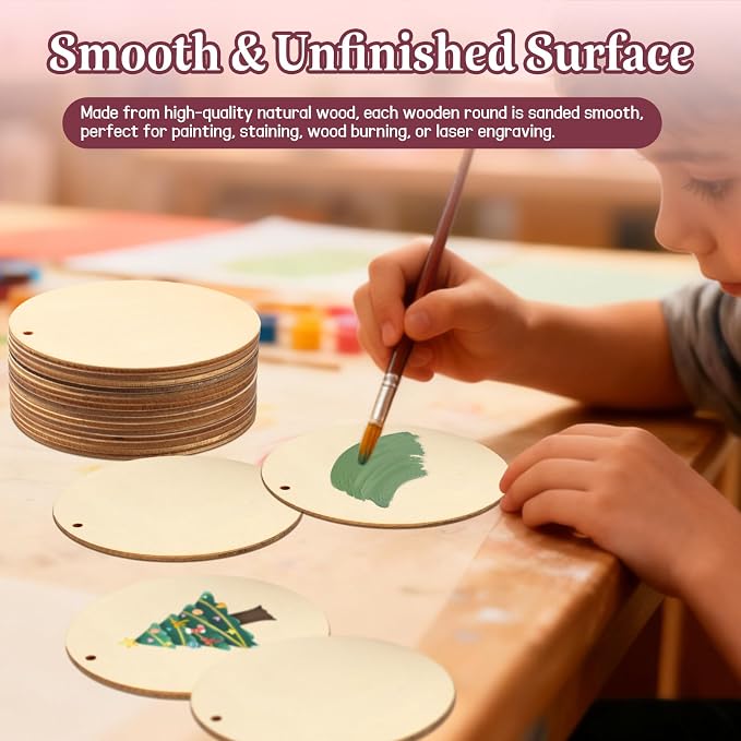 FSWCCK 50 PCS 4 Inch Wood Circles for Crafts – Round Blank Discs with Holes, Unfinished Wooden Cutouts for DIY, Painting, Staining, Coasters,Laser Engraving Sign Blanks, Ornament (4inch-50 Pack)