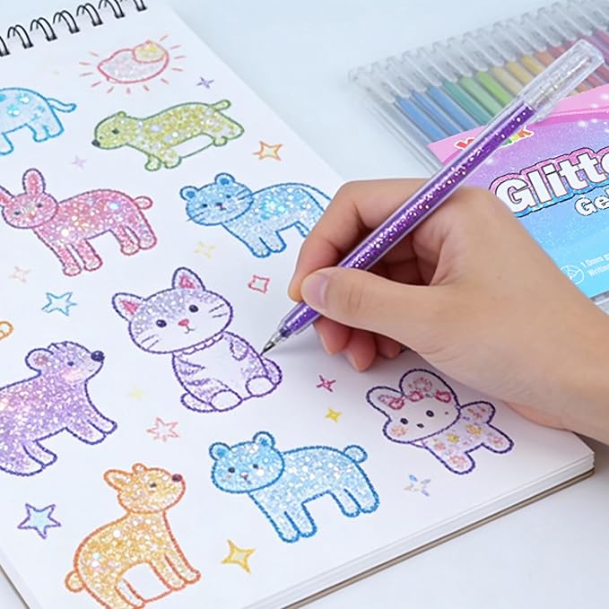 24 Colors Glitter Gel Pens Set with A5 Sketchbook (50 Sheets 120gsm)