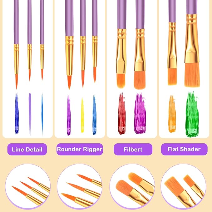ESRICH 200PCS Paint Brushes, Paint Brush for Acrylic Painting | Artist Paintbrushes for Oil Watercolor, Body Face Rock Canvas, Small Paint Brushes for Kids, Purple