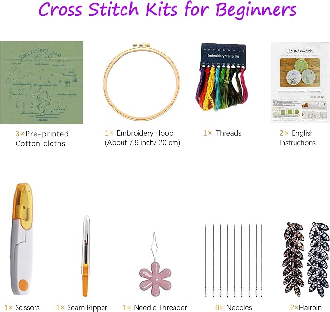 CHIYOSING Embroidery Kit for Beginners Adults, 3 Stages to Learn Over 30 Different Stitches,Includes Step-By-Step Instructions Sharp Scissors and 2 Exquisite Hairpins and Multiple Accessories