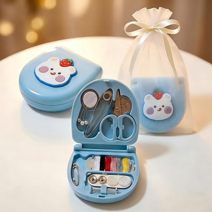 2 Pack Mini Travel Sewing Kit, Portable Emergency Sewing Box with Scissors, Needles, Threads, Compact Clothing Repair Set for Travel, Purse, Office, College Dorm (3D Berry Bear Blue)