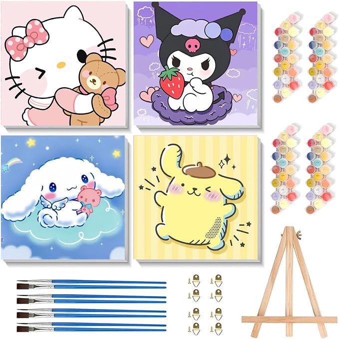 4 Pack Cartoon Paint by Numbers Kit for Kids with Frame Wooden Easel | Cute Kids Paint by Numbers Ages 4 8 12, DIY Acrylic Oil Painting for Home Wall Decor (8x8 inch)