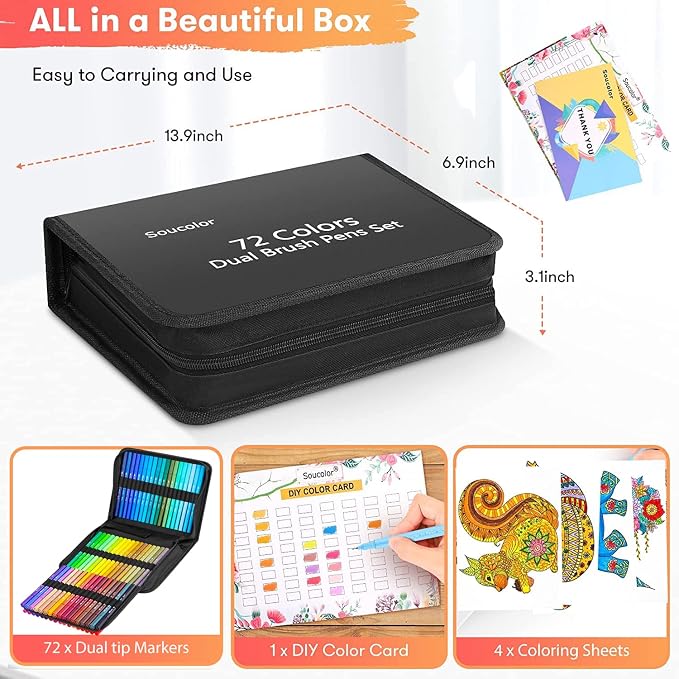 Soucolor 72 Dual Brush Markers Adult Coloring Books,Fine &Brush Double Pens | 72 Vibrant Water-Based Colors,No Smudge, DIY Color Card,4 Coloring Sheets and Portable Case Lettering, & journaling.