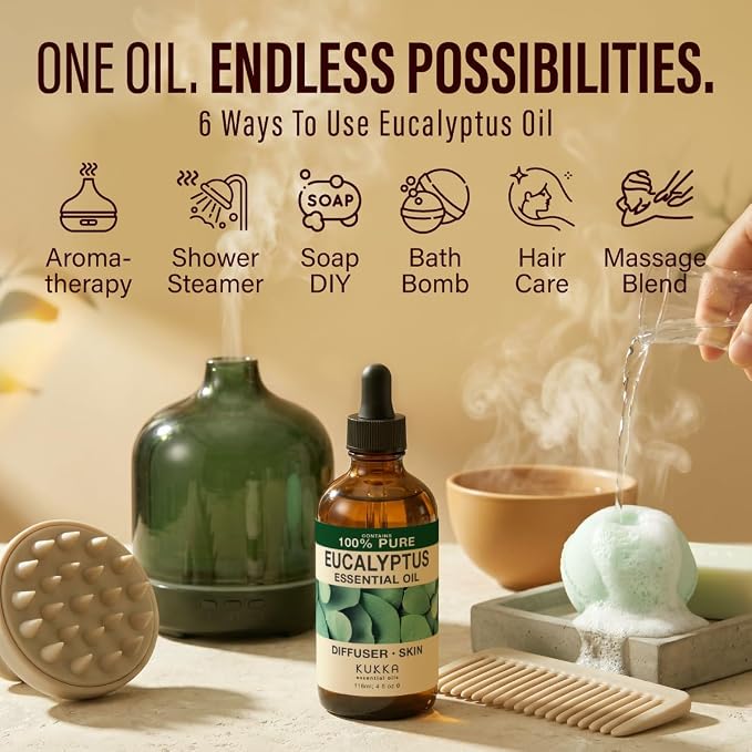100% Pure Eucalyptus Oil - 4 Fl Oz Eucalyptus Essential Oil | For Hair, Skin, Diffuser, Aromatherapy & DIY Soap Making Scent