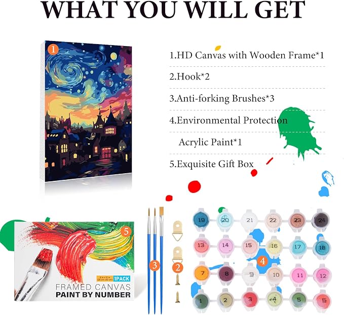 Framed Paint by Numbers Kit for Adults Beginner & Kids Ages 8-12, Starry Night Paint by Number with Frame, Acrylic Abstract Landscape Painting by Numbers Kit on Canvas 8x12 inch for Home Wall Decor
