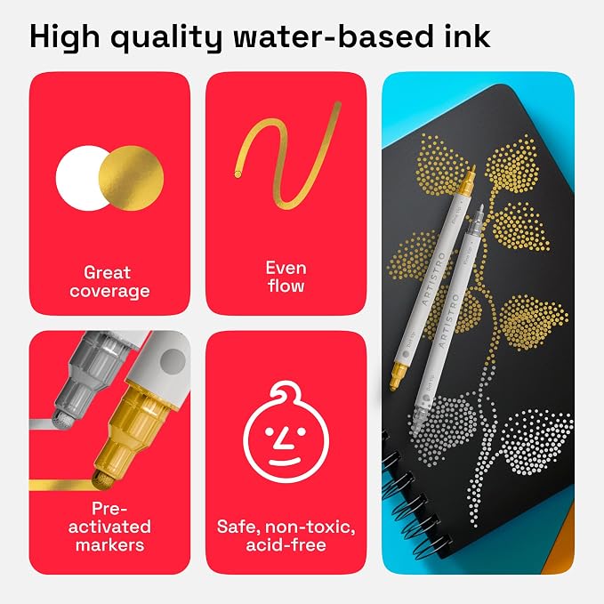 ARTISTRO Gold & Silver Dual-Tip Acrylic Paint Pens - Set of 2 | 5mm Dot + 1mm Fine Tips, Multisurface Markers, Perfect for Glass, Rock, Fabric, Wood, Plastic, & More