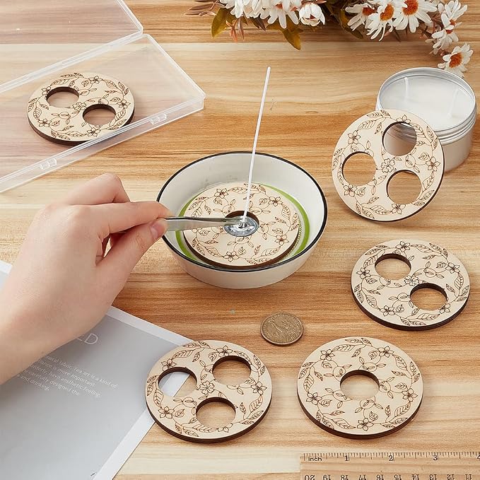 BENECREAT 6 Pcs 3 Styles Wooden Wick Centering Tool, 2.95 Inch Engraved Patterned Wick Holder, 1-Hole 2-Hole 3-Hole Candle Wick Stabilizer for Candle Making DIY