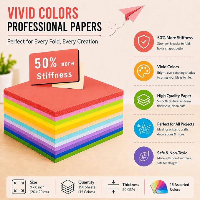 Origami Paper 8 x 8 Inch / 20x20 cm 150 Sheets Double Sided Paper | No-Fading Paper,Tear Resistant,Holds Crisp Creases ,Multi Solid Colors, Eco-Freindly Folding Paper for Art Projects,Handcraft