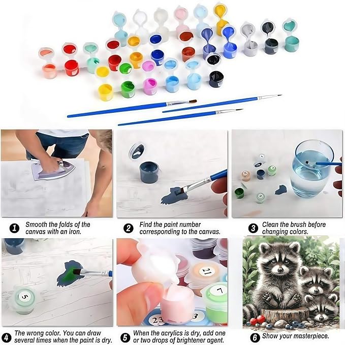 BYGFHLYW Animals Paint by Numbers Kit for Adults Beginners 16x16Inch | Raccoon Family Easy Adult Paint by Number Kits On Canvas, DIY Acrylic Oil Painting Kits for Home Wall Decor